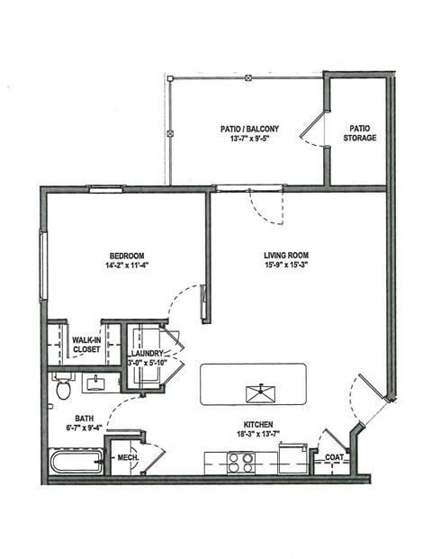 Floor plan for 1 bed, 1 bath, 738 sqft